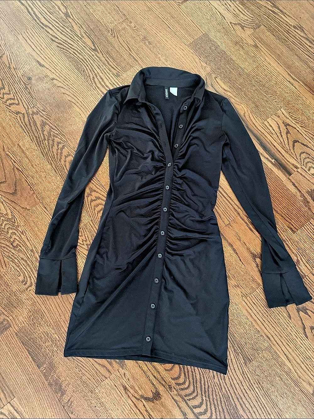 H&M Divided Black Ruched Button-Front Long Sleeve Mini Shirt Dress Size Small